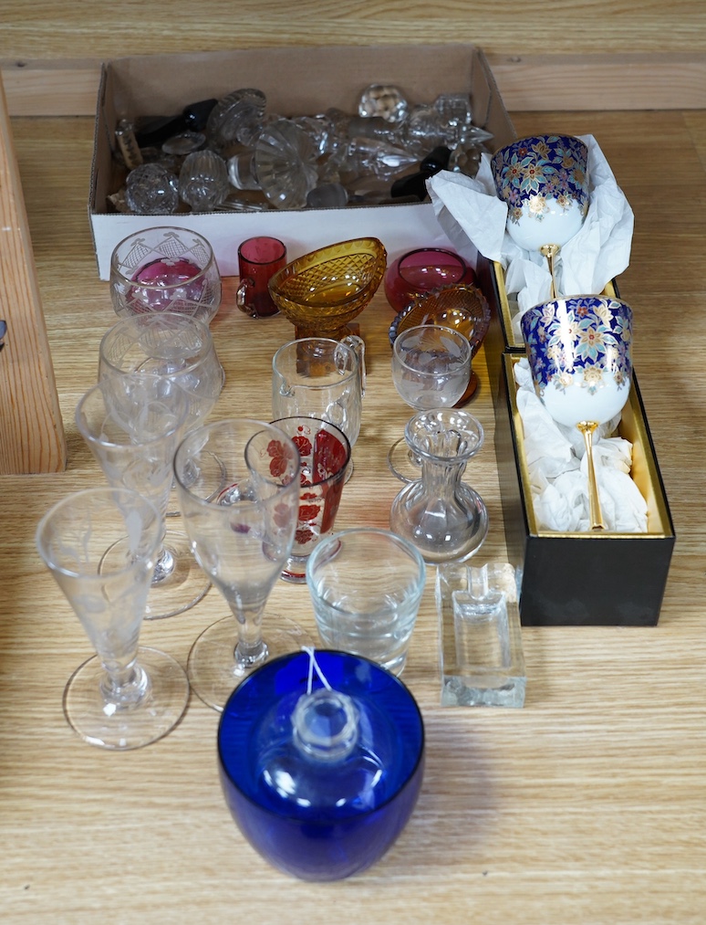 A pair of 18th century ale flutes, other glasses and a collection of decanter stoppers, largest 15.5cm high. Condition - varies, mostly fair to good